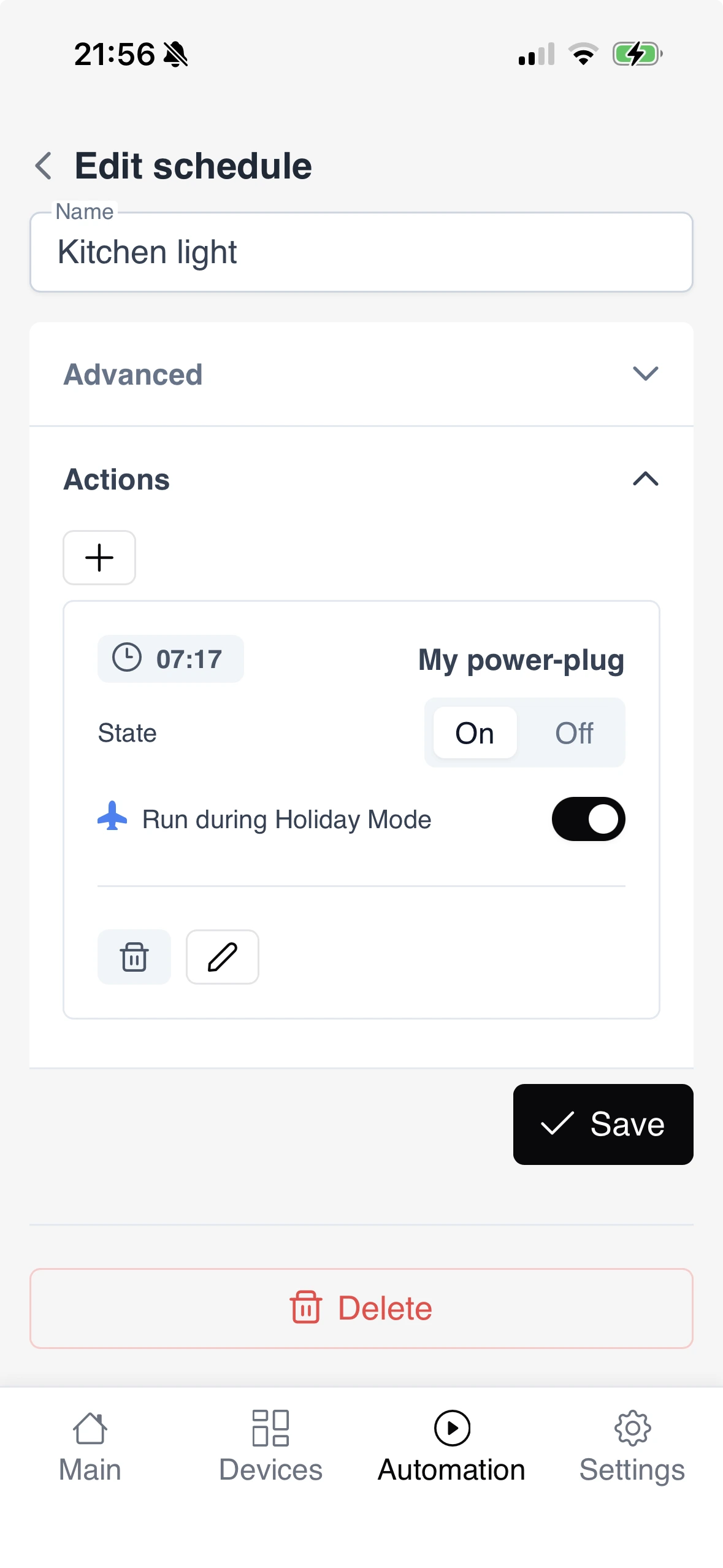 Holiday Mode setting for an automated action