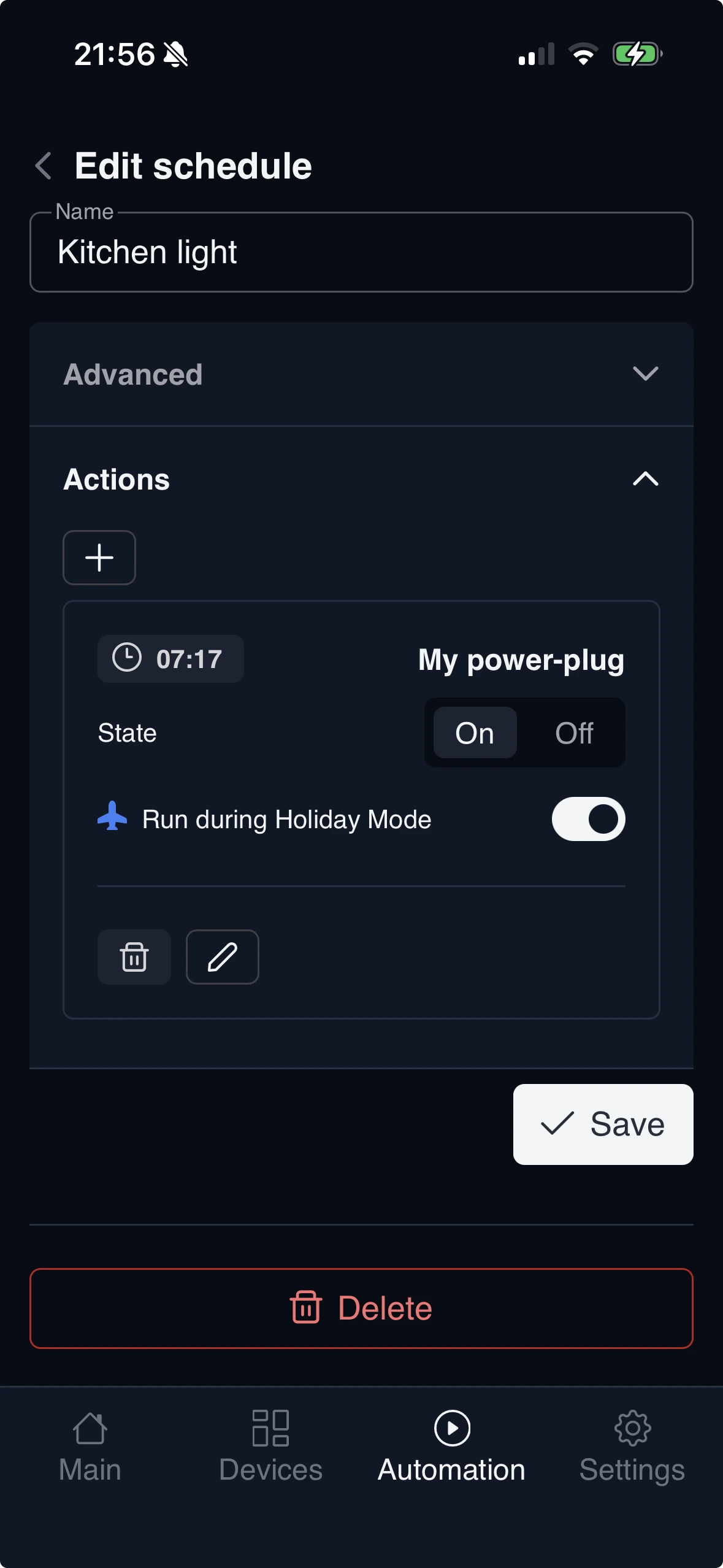 Holiday Mode setting for an automated action
