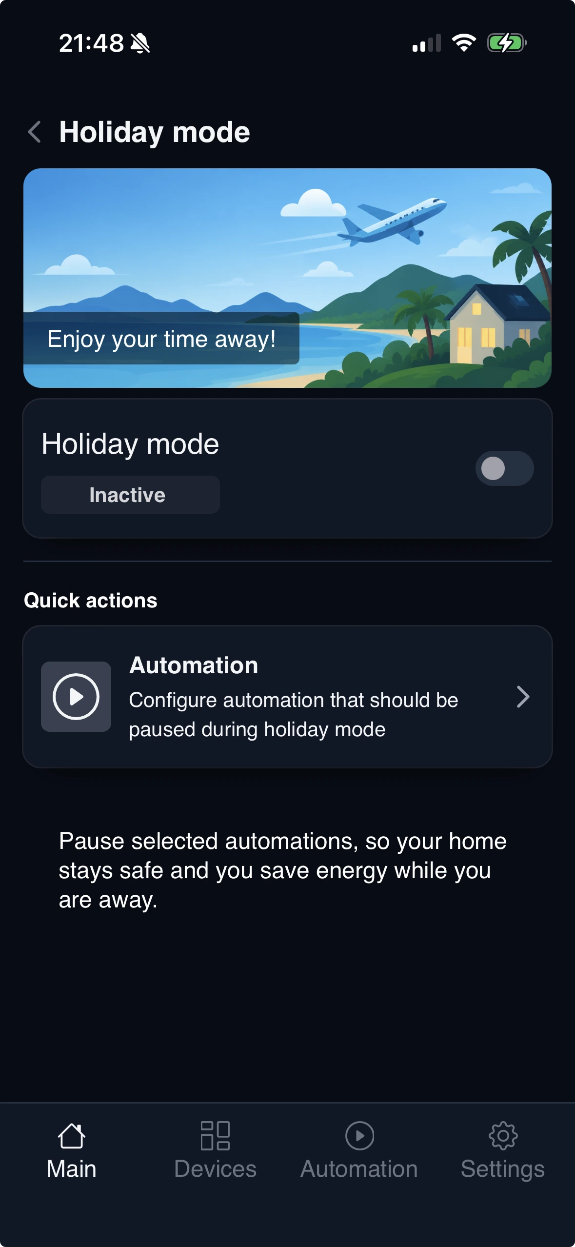 Holiday Mode settings screen