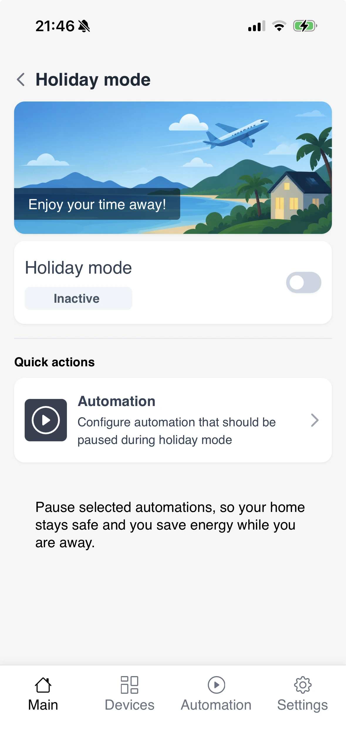 Holiday Mode settings screen